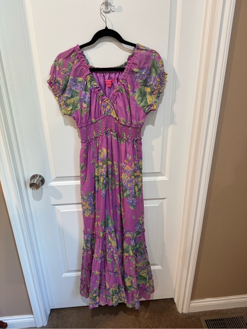 Betsey Johnson Lavender Floral Maxi Dress with Puff Sleeves
